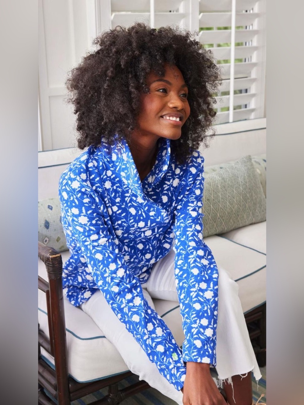 Dudley Stephens Sheffield Island Pullover Fleece Floral Blue White Large